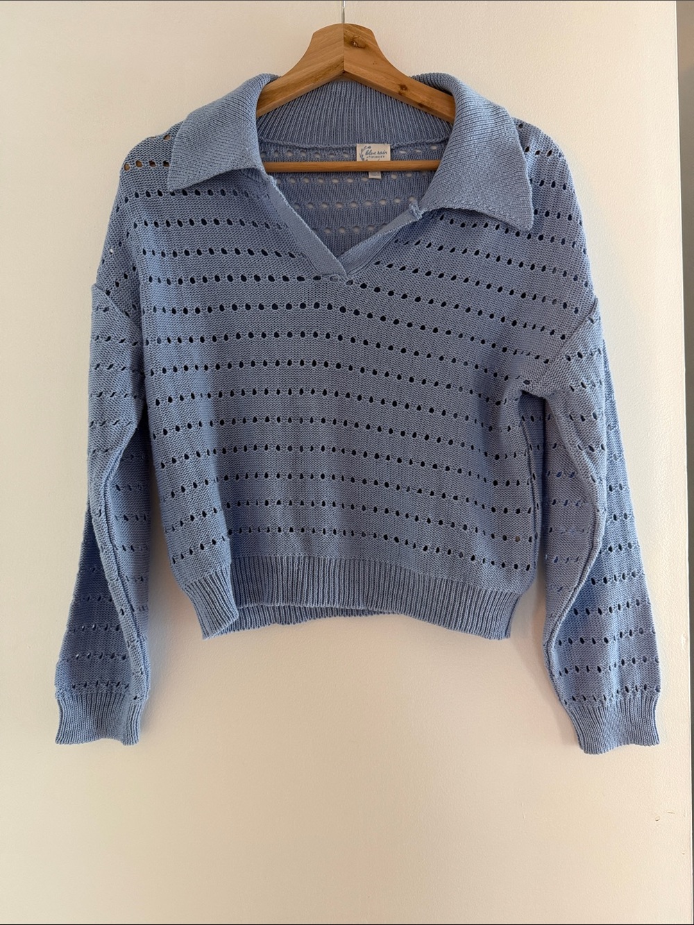 Blue Rain Light Blue Open-Knit V-Neck Sweater with Collar